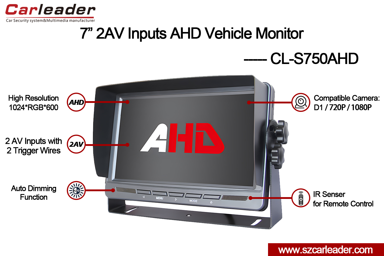 7palcový 2AV AHD couvací monitor pro nákladní automobil