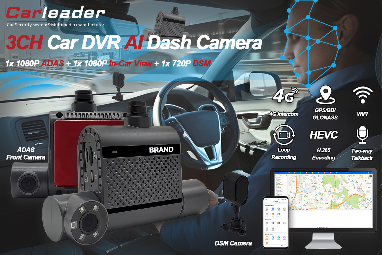 4G duální AI Dash kamera s ADAS a DSM
