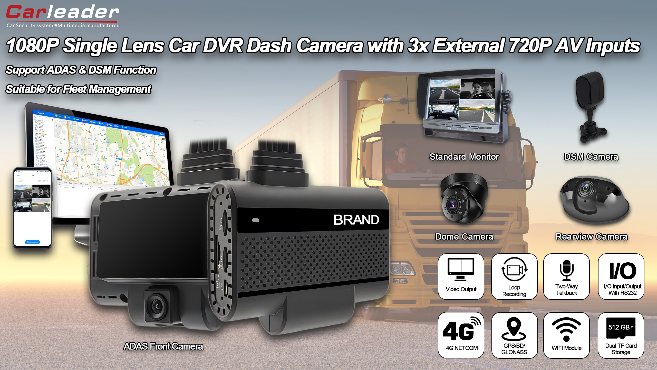 Carleader 4ch DVR AI Dash Camera System pro správu flotily