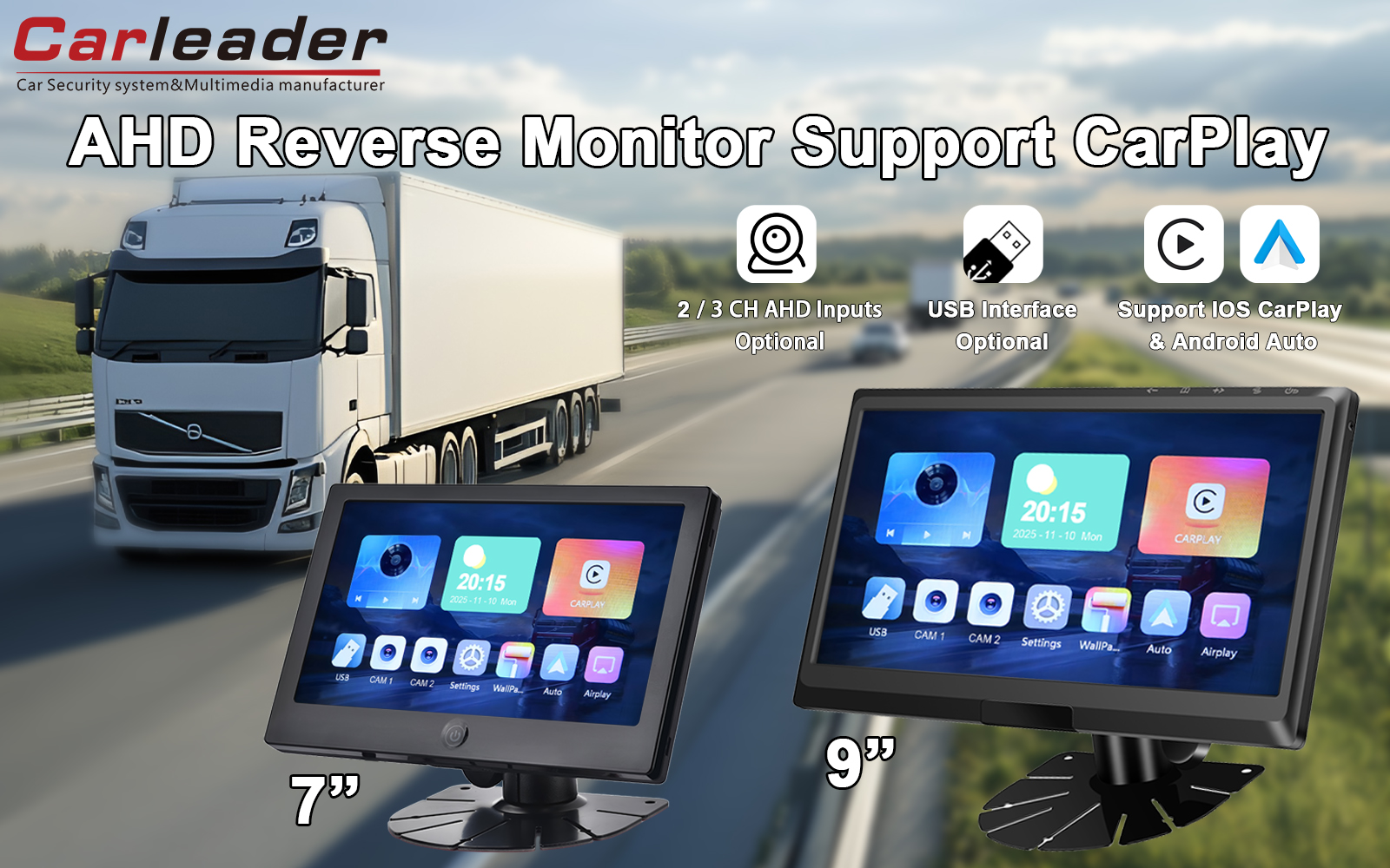 Carleader 9palcový IPS 2AV AHD monitor vozidla Podpora CarPlay Multimedia: Vaše brána k chytřejšímu a bezpečnějšímu řízení